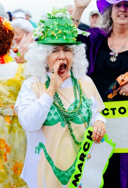 Granny dressed up in St. Patrick's gear ready to take the polar plunge on Tybee Island. 